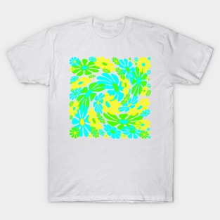 60's Retro Liquid Flowers in Lime Green, Aqua Blue and Yellow T-Shirt